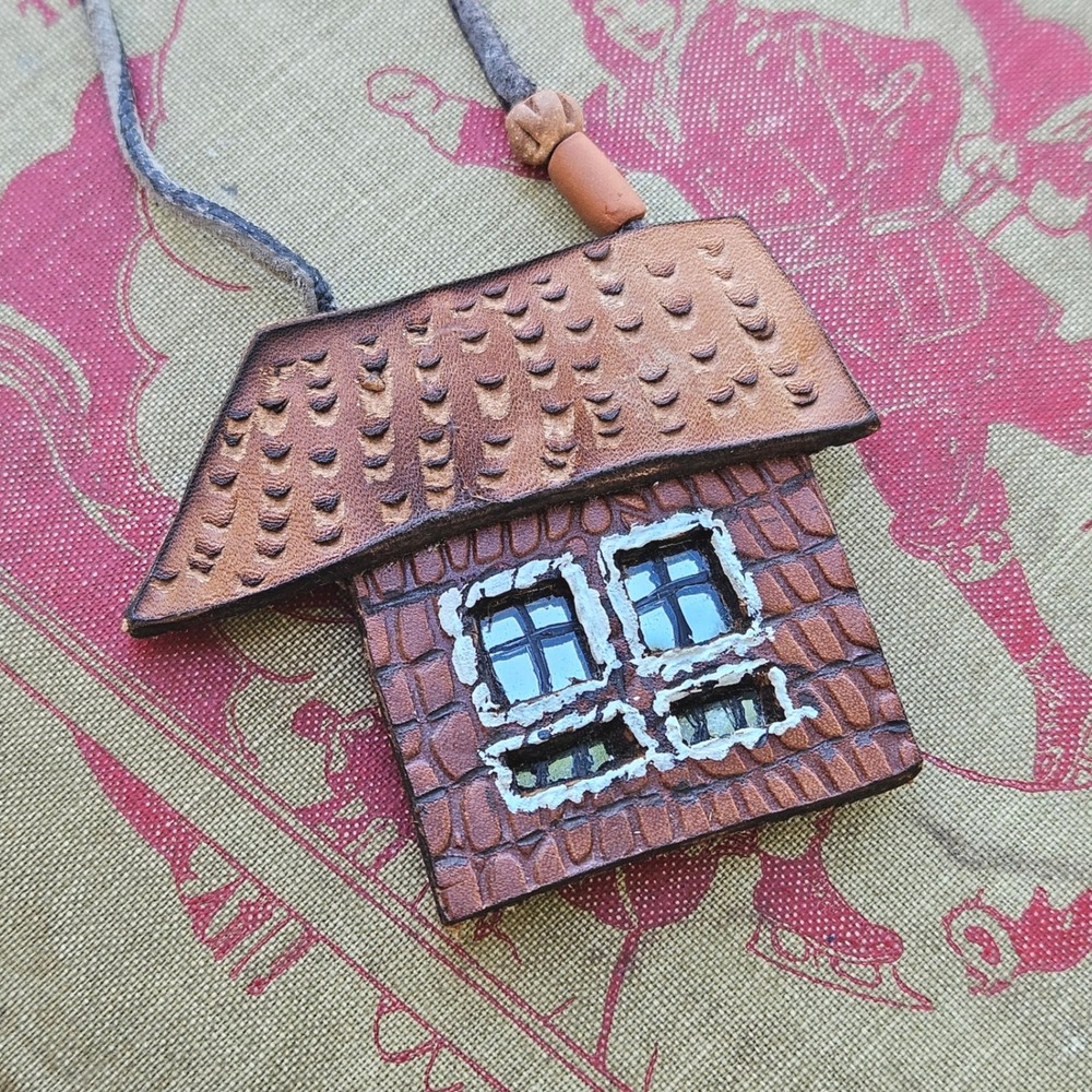 Handmade Leather Cottage House Pendant Necklace Artist Signed IP Brown Rustic